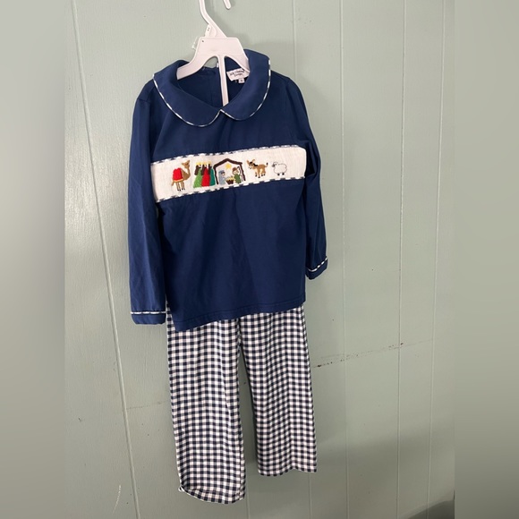 MK Clothing Designs Blue and White Plaid Boy pants/shirt / pajamas set Sz 6 - Picture 1 of 5